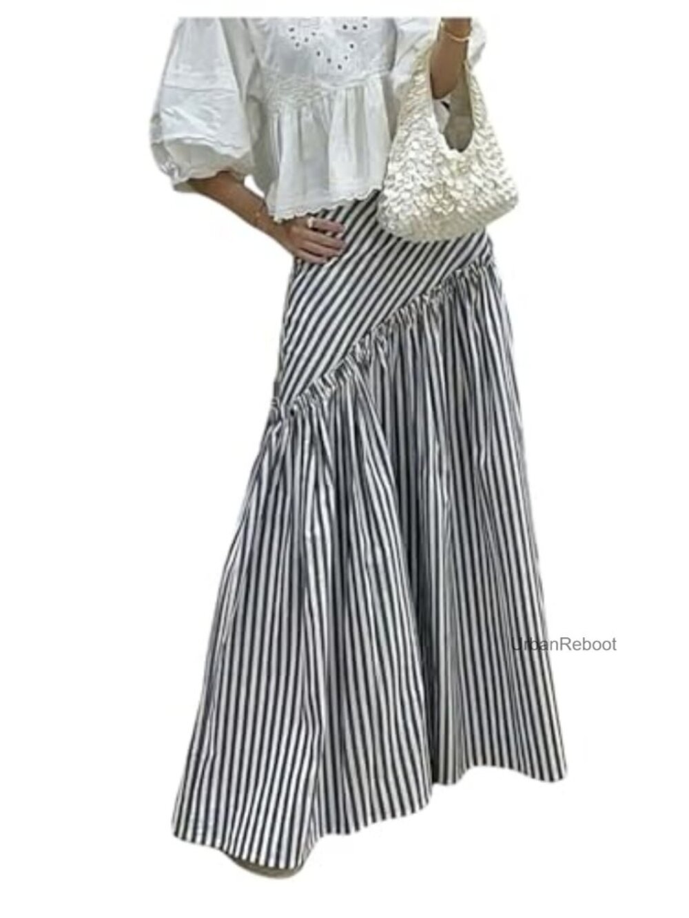 Striped Ruffle Maxi Skirt Low Rise Pleated A-Line Tiered Summer